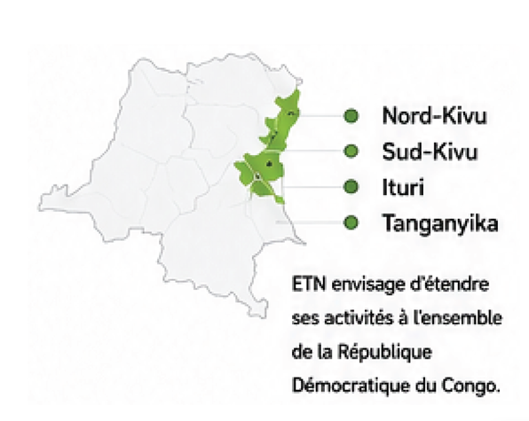 Carte des zones d'intervention d'ETN en République Démocratique du Congo : Nord-Kivu, Sud-Kivu, Ituri, Tanganyika
